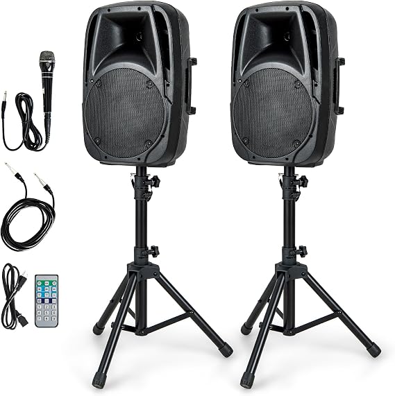 GOFLAME 1600W 2-Way Powered Speakers, Portable PA Speaker System with 2 Speaker Stands and Microphone, Professional DJ Speakers with Bluetooth, USB/SD Card Input, FM Radio, Remote Control