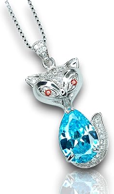 Aquamarine Necklace - Sterling Silver fox pendant- 2.5 CT 16 ~20 Adjustable Chain March birthstone Blue Gemstone Jewelry Lab created Deep blue Aquamarine #442