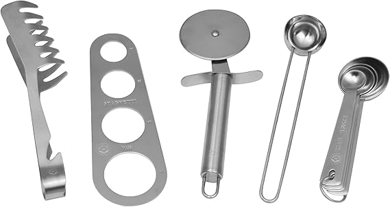 Stainless Steel 5 Pcs Handy Gourmet Pasta and Kitchen Tool Set: Pasta Noodle Multipurpose Tong, Spaghetti Measure Tool, Pizza Roller Wheeler Cutter, Coffe Spoon, Measuring Spoons Set