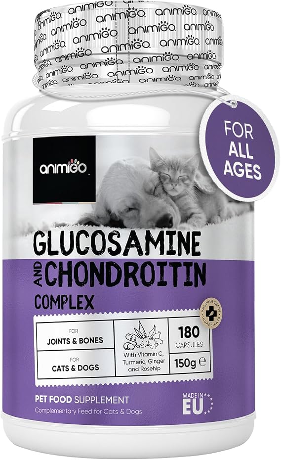 Glucosamine for Dogs & Cats With Chondroitin (1075mg) - 180 Capsules - Hip & Joint Supplement for Dogs & Cats of All Ages - With Turmeric, Ginger, Vitamin C & Rosehip - Cats & Dogs Joint Care