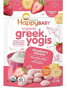 Happy Baby Organics Baby Snacks, Greek Yogis, Freeze Dried Yogurt & Fruit Snacks, Gluten Free Snack for Babies 9+ Months, Strawberry & Banana, 1 Ounce
