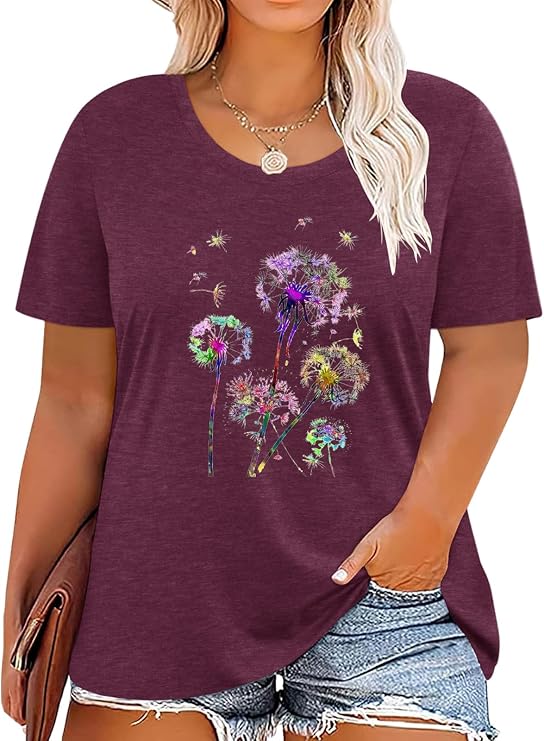 Womens Plus Size Dandelion Print Tshirt Cute Graphic Floral Tees Short Sleeve Summer Blessed Tee Tops