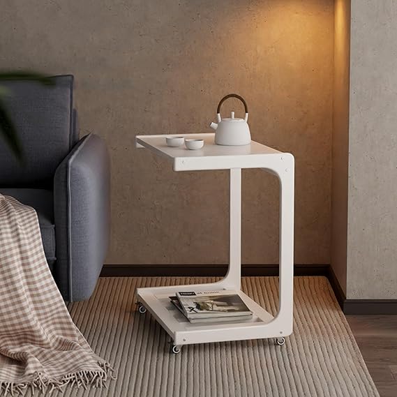 YVYKFZD Mobile Side Table, C Shaped Snack End Table, 360° Swivel Sofa Table with Wheels, Portable Couch Tray Table Nightstand, for Living Room, Bedroom(White,23.6"x15.3"x24.8")