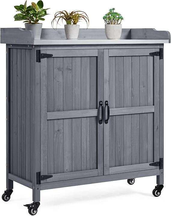 Topeakmart Potting Bench for Outside with Storage Cabinet & Metal Top,Gray | Outdoor potting table for patios, backyards and farm stands, with flexible workspace, removable shelf and garden storage area
