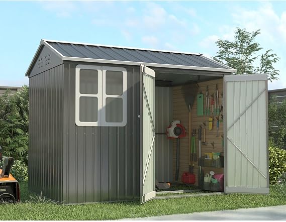 BIRCHTREE Garden Shed Steel Apex Roof House Outdoor Backyard Storage With Lockable Double Doors Window Free Foundation Tool Equipment Organizer Air Vents 8x6FT Grey