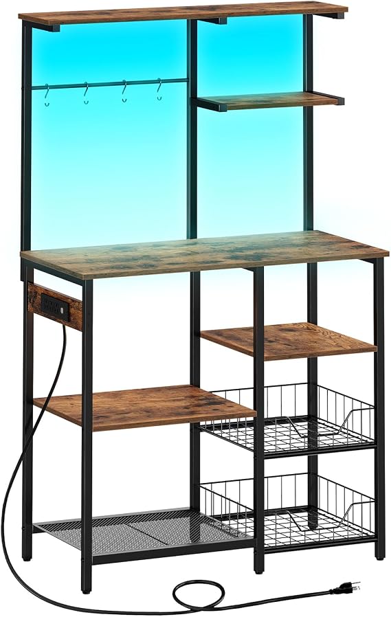 HOOBRO Bakers Rack with Power Outlet and LED Light, 6-Tier Microwave Stand with Wire Baskets, Coffee Bar Station, Kitchen Utility Storage Shelf with 4 Hooks, Rustic Brown and Black BF64UDHB01