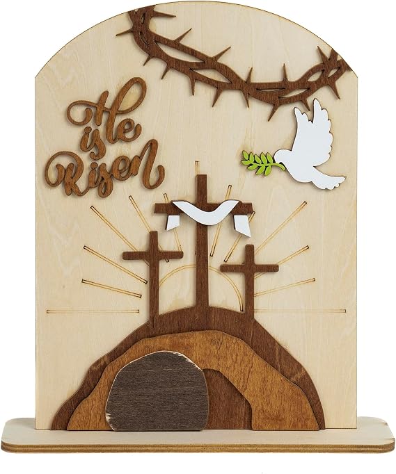 He Is Risen Decor Wooden, Easter Resurrection Scene Empty Tomb, Christian Table Decorations Indoor, Catholic Cross Jesus Religious Easter Gifts Decor For Tiered Tray, Home, Church, Office, Shelf, Desk