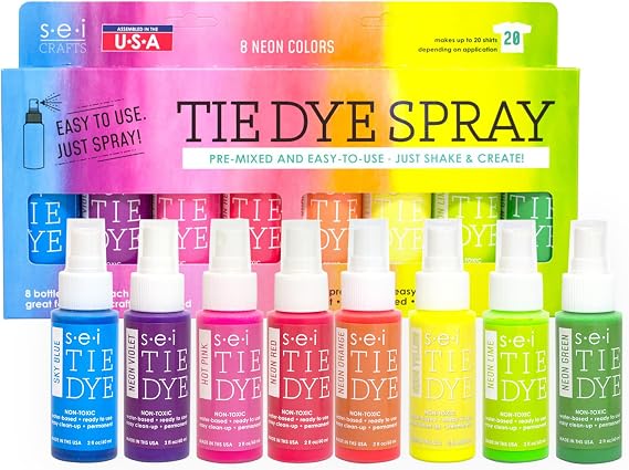 Sei Tie Dye Kit Neon, 8 Color Pre Mixed Fabric Spray Set for Large Groups | pre-mixed, water-based, shelf stable, no gloves needed, easy spray bottle, easy clean-up, vibrant colors, heat set