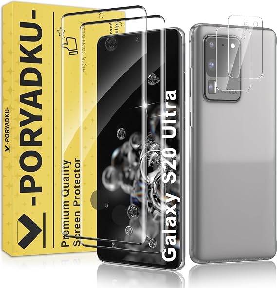 Samsung Galaxy S20 Ultra用スクリーンプロテクターとカメラプロテクター2+2枚パック 指紋ロック解除対応 ケースフレンドリー 気泡なし 硬度9Hクリアガラススクリーンプロテクター S20 Ultra用