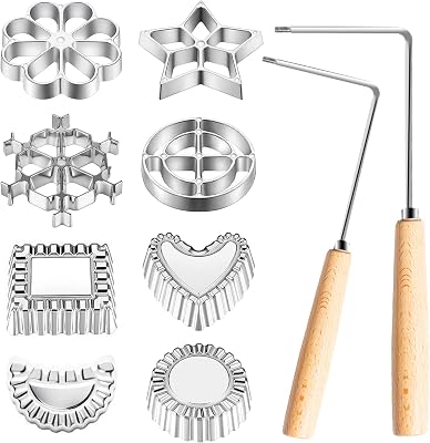Rosette Maker with 8 Heads Bunuelos Mold with 2 Handle Waffle Cooking Stamp Cookie Press Mold for Kitchen Baking Funnel Cake Mould Star Flower Circle Heart Hexagon Square 10 Pieces