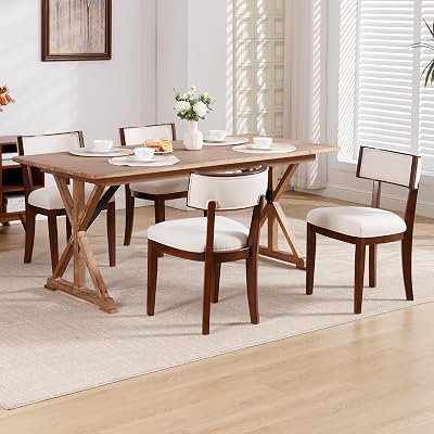 Dining Chairs Set of 4 Linen Fabric Upholstered Dining Room Chairs with Curved Backrest Mid Century Modern Farmhouse Kitchen Chair Solid Wood Side Chairs for Living RoomRestaurant
