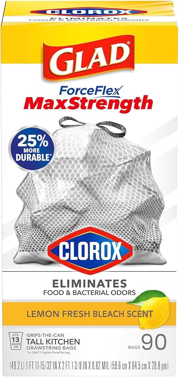 Glad ForceFlex MaxStrength Kitchen Drawstring Bags with Lemon Fresh Bleach Scent 13 Gal 90 Bags