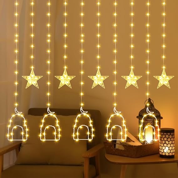 VIHOSE 19.4 FT Eid Ramadan Curtain String Lights with 6 Star and 6 Mosque Silhouettes, 204 LEDs Warm White Eid Mubarak Fairy Lights 8 Mode for Al-fitr Ramadan Home Decoration Indoor Outdoor
