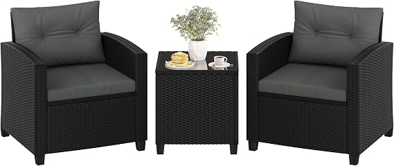 Yaheetech 3-Piece Rattan Wicker Patio Bistro Set with 2 Chairs, Black/Grey | Two Chairs with Cushions & Pillows | Rattan Coffee Table | Outdoor Wicker Sofa Set for Deck, Balcony and Porch