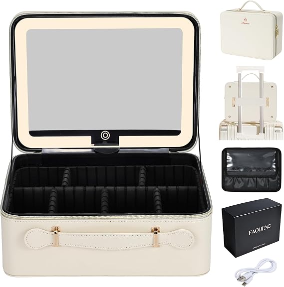 Large Makeup Case with LED Mirror Vanity Case Removable Light Up Mirror PU Leather Portable Makeup Artist Carry Vanity Box with Dividers Makeup Brush Holder, White