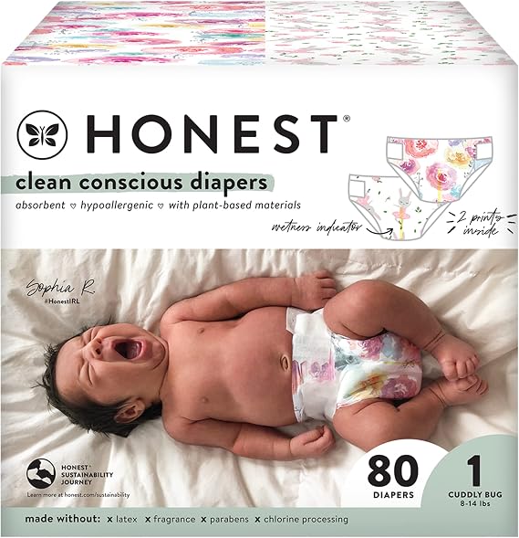 The Honest Company Clean Conscious Diapers | Plant-Based, Sustainable | Rose Blossom + Tutu Cute | Club Box, Size 1 (8-14 lbs), 80 Count