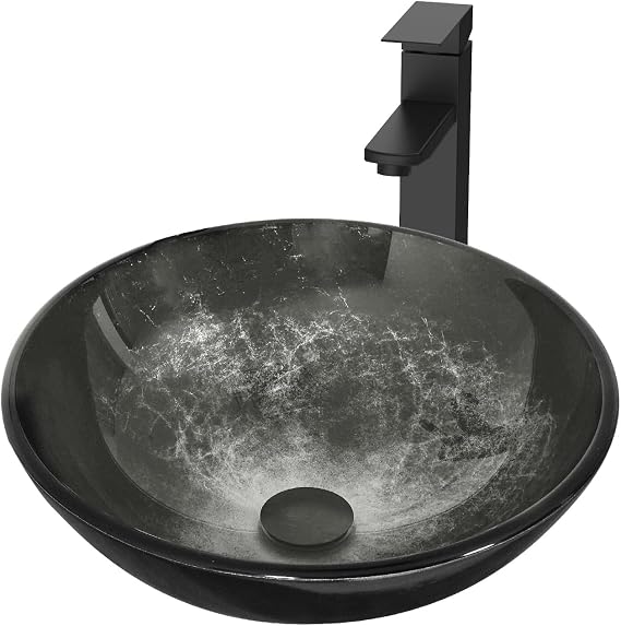 Bathroom Artistic Vessel Sink, Tempered Glass Vanity Round Bowl, Black