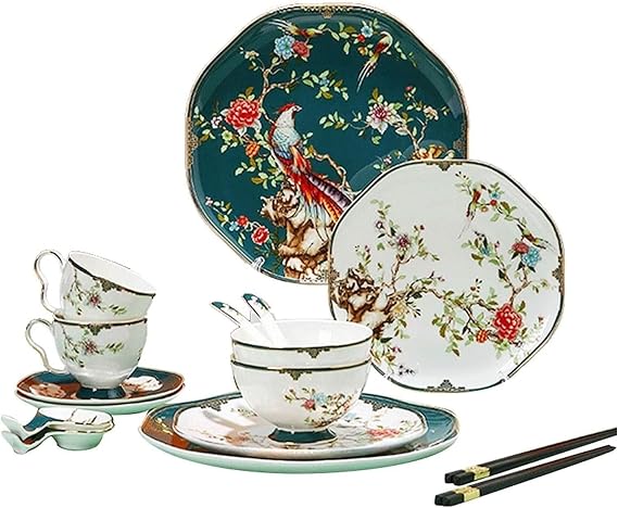 Dinnerware Set Dinner Party Tableware Service Set 16 Piece Fine Bone China Porcelain Dinnerware Set, Dinner Set Flowers Plates, High Bowls, Chopsticks, Spoon, Porcelain Dishes Set