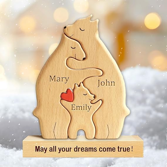 Personalized Wooden Bear Puzzle with 2-8 Family Name, Custom Name Wooden Bear Family Puzzle, for Mother's Day, Father's Day, Christmas, House Warming Gifts, Birthdays Anniversary (B)
