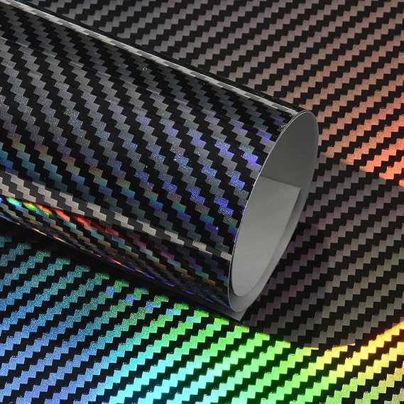 Holographic Carbon Fiber Vinyl Wrap Roll, 1FTx5FT Rainbow Color Change Laser High Gloss Car Wrap Film, DIY Air-Releas Glossy Car Body Wrapping Decorative Self-Adhesive Stickers for Cars Exterior