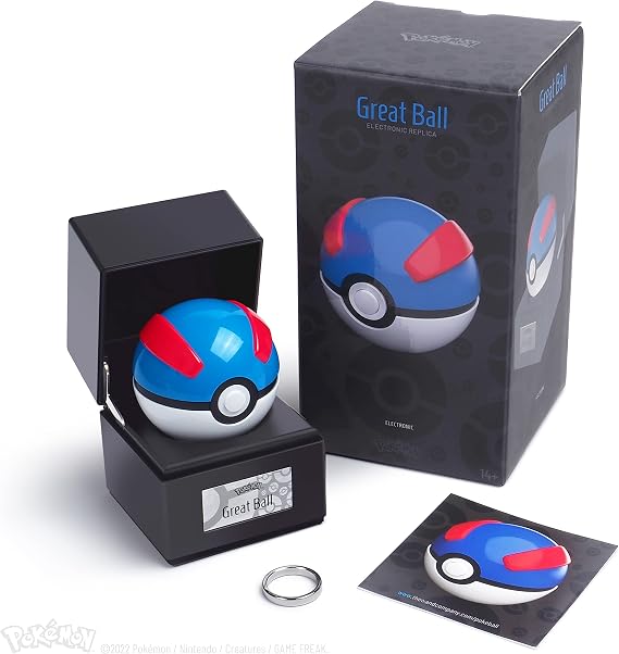 The Wand Company Original Poké Ball Authentic Replica - Realistic, Electronic, Die-Cast Authentic Replica with Display Case Light Features. Officially Licensed by Pokémon (Great Ball)
