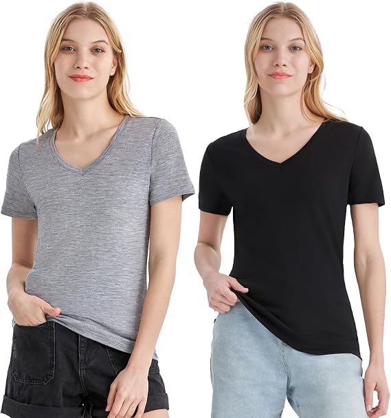 Merino Protect 100% Merino Wool V Neck T-Shirt Women Short Sleeve Shirts Odor Resistance Tops for Outdoor Hiking 2Pack