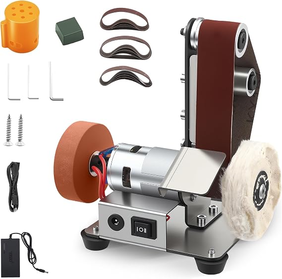 3-in-1 Electric Bench Sander, Mini Belt Sander & Bench Grinder, 7-Speed Adjustable Vertical Sanding Machine Polisher for DIY Woodworking, Metalworking, Jewelry Making