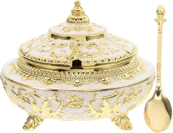 Veemoon Turkish Coated Handmade Sugar Bowl, Seasoning Bowl with Lid and Spoon Gold Vintage Spice Jar Decorative Coffee Sugar Cube Jar for Home Cafe Bar Restaurant Serving