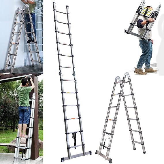 3.8M A-Frame & Straight Ladder - Heavy Duty Multi-Purpose Stainless Steel Telescopic Loft Extension With 1.9m+1.9m Extendable Steps, Max Load 150kg, EN131