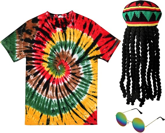Boyiee Rasta Costumes Hat with Dreadlock, 3 Pcs Set, Reggae Hat, T-Shirt, Sunglasses, Jamaican Costume Accessories