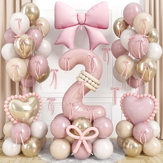 40 Inch Dusty Pink Balloon Number 2, Blush Pink Gold Beige Latex Balloons 2nd Birthday Decorations with Bow Heart Foil Balloon Ribbon Bow for Girls Boho Two Year Old Birthday Anniversary Party Decor