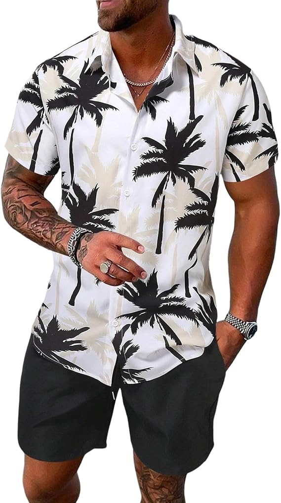 Yimoon Men's Summer 2 Piece Outfits Tropical Print Short Sleeve Button Down Hawaiian Beach Shirt and Shorts Set