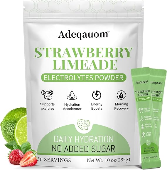 Strawberry Limeade Electrolytes Powder Packets, Instantly Hydration Drink Mix Just Whole Food Ingredients, Energy Boost, Exercise Recovery Liquid & Daily I V Minerals Support, 30 PCS, No Sugar Added