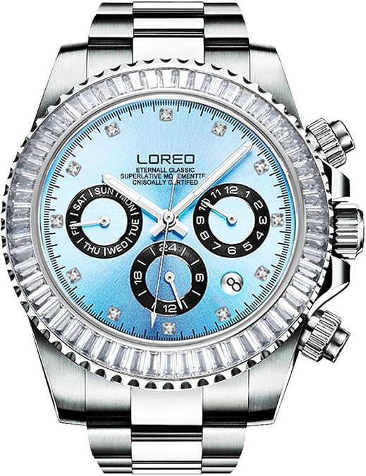 LOREO Men Automatic Mechanical Multifunction Stainless Steel Sapphire Crystal Blcak Dial Waterproof Watch