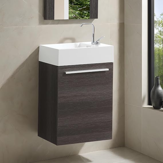 Blossom 18" Small Bathroom Vanity with Sink, Solid Wood Floating Vanity Cabinet, Moisture-Resistant 10 Inch Narrow Depth Sink Combo for Powder Room, Modern Wall Mount Design, Dark Oak