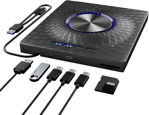 External Blu-ray Drive,7-in-1 Bluray/DVD/CD Burner With RGB Ambient Light,100G Disc R/W, USB 3.0/Type-C Hub for Windows/Mac/Linux