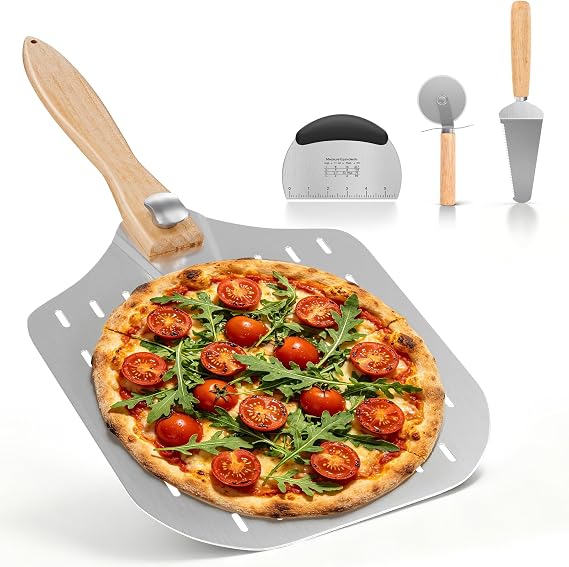 4pcs Pizza Peel Set, 12" Perforated Pizza Spatula with Foldable Wood Handle