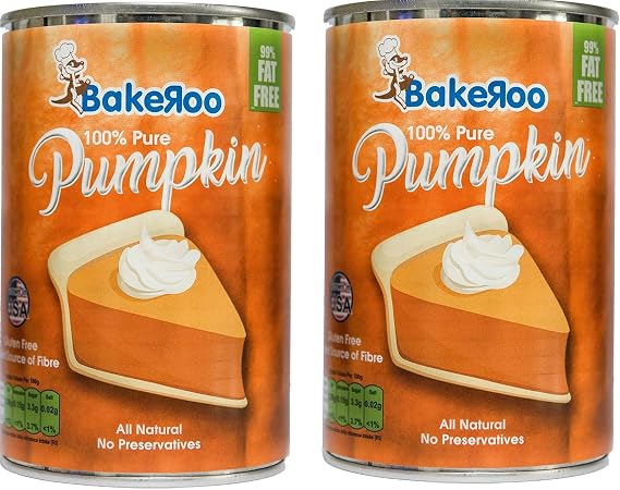 Bakeroo 100% Pure Pumpkin Puree Tin Natural Pumpkin Pie Filling, No Preservatives, Gluten-Free, Vegan & Dairy-Free – Smooth & Creamy Texture Product of USA 425g (425g (Pack of 2))