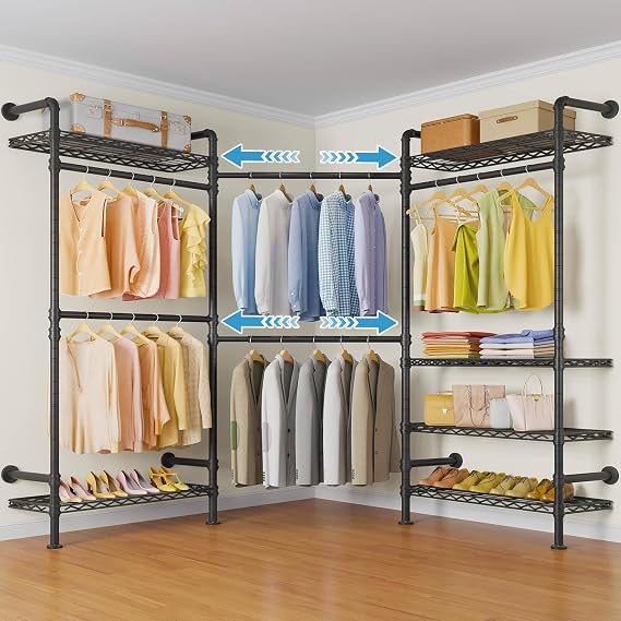 L3 L Shape Garment Rack Heavy Duty Clothes Rack for Hanging Clothes, Expandable Industrial Pipe Wall Mounted Clothing Rack, Adjustable Corner Closet Wardrobe Closet Kit Closet Systems, Black
