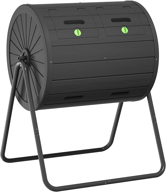 PatioZen Dual Chamber Tumbling Composter 45 Gallon Large Outdoor Tumbling Composter Efficient Batch Composting Easy Turn Design (Black 45Gal)