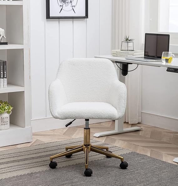 Modern Faux Fur Desk Chair, Upholstered Fluffy Home Office Chair Makeup Vanity Chair for Teen Girls Swivel Desk Chair with Gold Legs, Height Adjustable Elegant Living Room Armchair, White