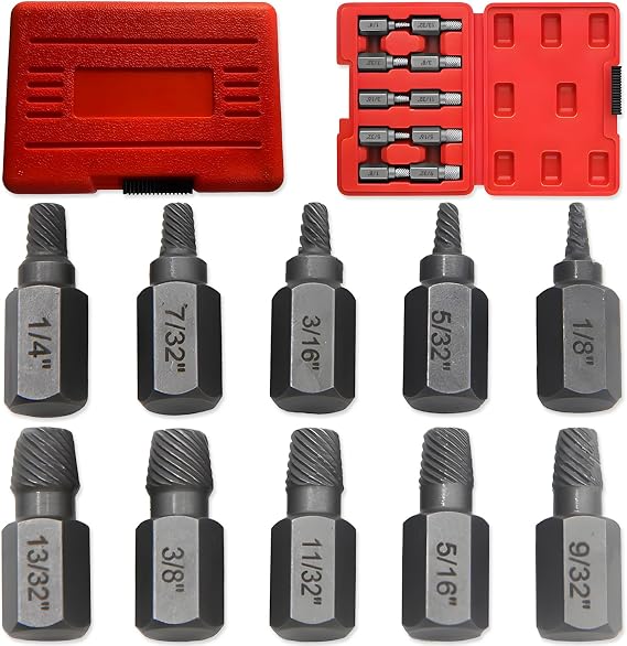 10 pcs Screw Extractor Set, BOSOIRSOU Broken Head Screw Hexagon Socket Bolt Removal Tool Easy Out Stripped Screw Extractor Set Stud Extractor for Stripped Broken Rounded Bolts, Screws, Studs - Red