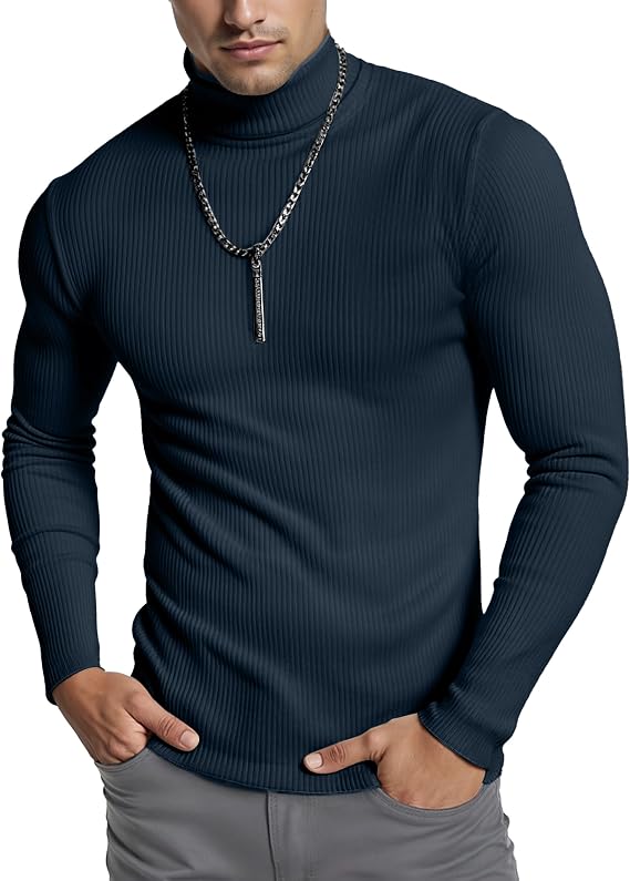 Soft Stretch Cotton Blend Ribbed Turtleneck Men Slim Fit Pullover Sweater