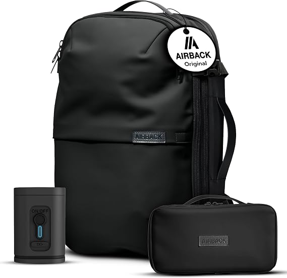 Airback Vacuum Backpack with Pump - 22-48L, Incl.Toiletry Bag, Vacuum Compression Backpack, Cabin Bag, Lightweight and Expandable Travel Vacuum Bags, Comfortable and Water-Resistant, Black