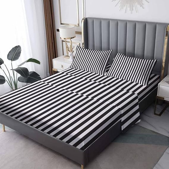 Black and White Striped Split King Sheets Sets for Adjustable Bed, Geometric Bedding Sheets & Pillowcases 5 Piece, Soft Microfiber Patterned Sheet Set with 16 Inch Deep Pocket Fitted Sheet