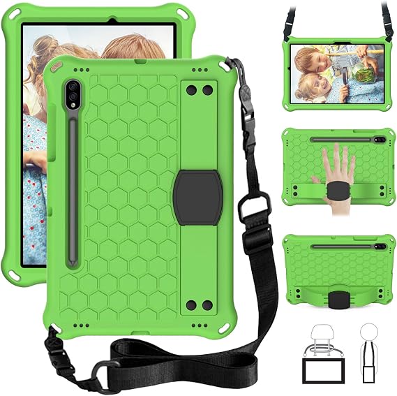 Bumper Case for Samsung Galaxy Tab S9 FE/S9/S8/S7 11", Techcircle Shockproof [Elastic Hand Strap] Stand EVA Foam Protective Case w/Shoulder Strap Kids Cover for Tab S7/S8/S9 SM-T870/X700, Green