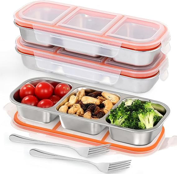 Stainless Steel Snack Containers - 3 Pack 3-Compartment Bento Box Set | Three Leakproof Stainless Steel Bento Boxes Offer 3 Compartments, Stackable Storage and Lids for Work, Travel and Picnics.