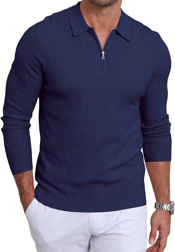 Lexiart Men's Knit Polo Long Sleeve Slim Fit Textured Collared Quarter Zip Sweater Casual Lightweight