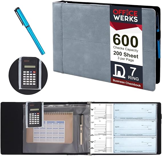 Office Werks Executive Check Binder with Calculator & Pen Included 7 Ring Zippered Checkbook Portfolio, 9x13 Organizer Holds 200 Sheets (600 Checks), Blue