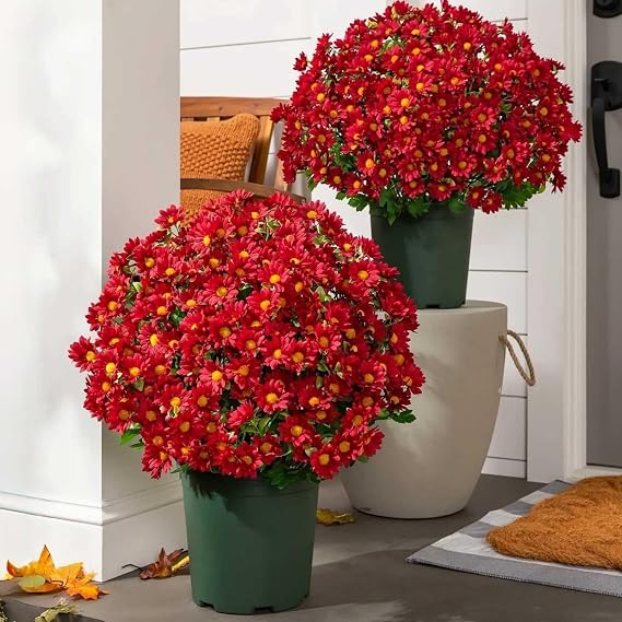 Artificial Mums for Outdoors Planters Fake Mums Fall Flowers Fake Plants UV Resistant No Fade Faux Plastic Greenery Garden Home Decor Look Real Full Vibrant(Mixed 5 Colors, 5/10 Bundle)
